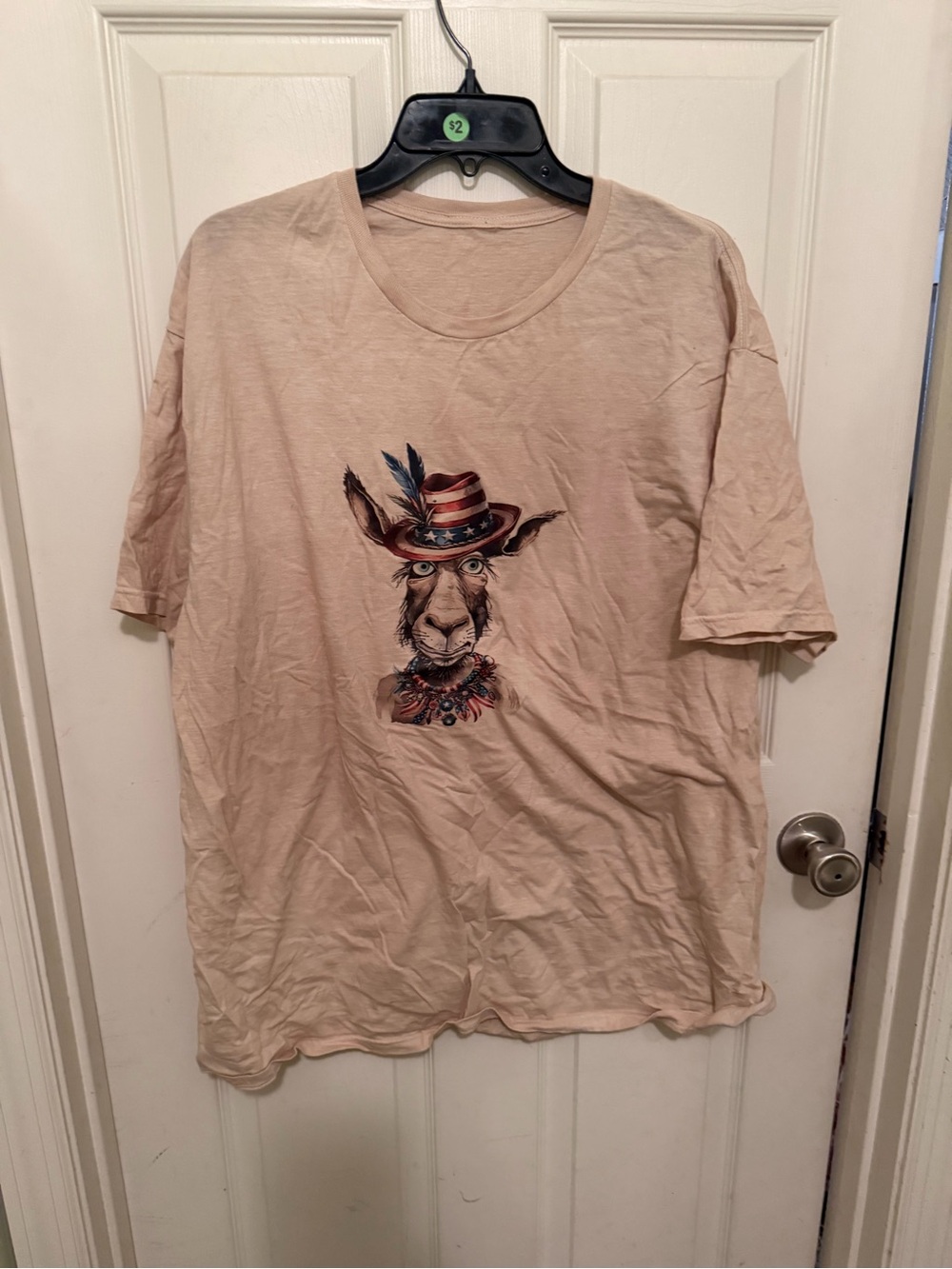 Beige Short-Sleeve Graphic Tee with Donkey Illustration